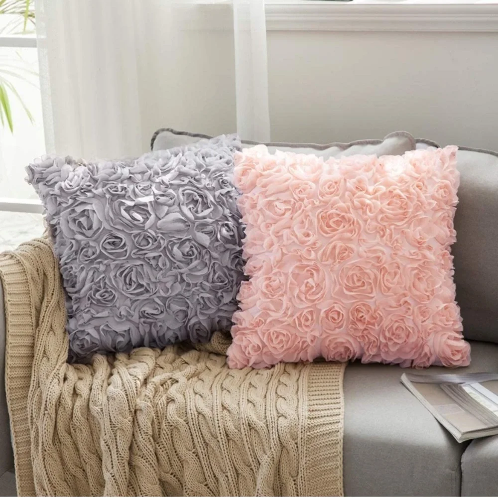 Luxury Home | Elegant Chic Grey 3D Stereo Rose Chiffon Floral Throw Pillow Cover